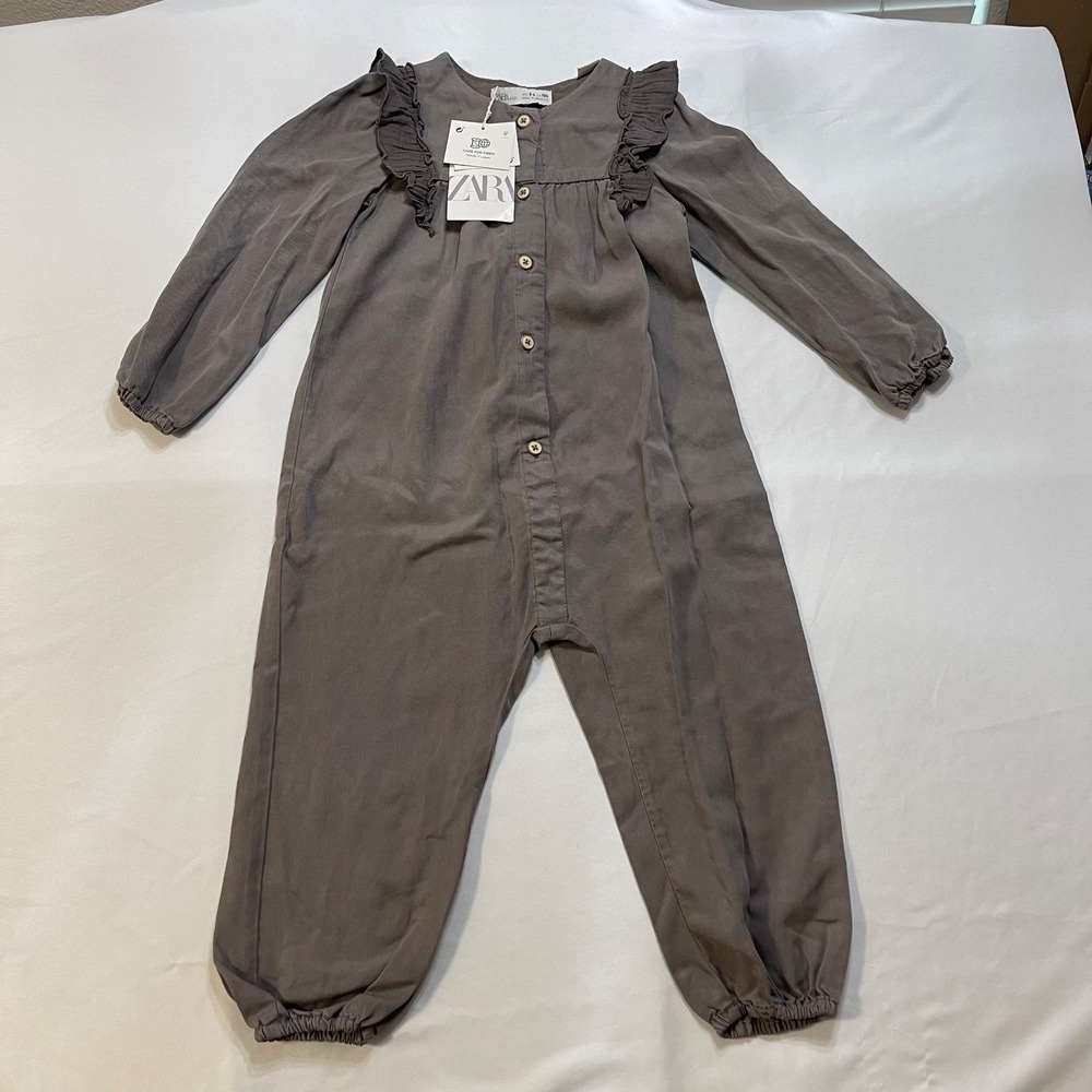 Zara Baby Girls Romper Jumpsuit 3-4 Gray Tencel Lyocell Ruffle NWT 104cm